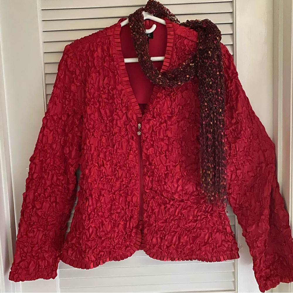 Light weight dressy jacket with scarf accessory.